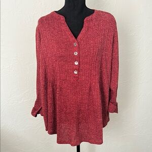 New Directions Red Cuffed Sleeve Blouse with Mandarin Collar
